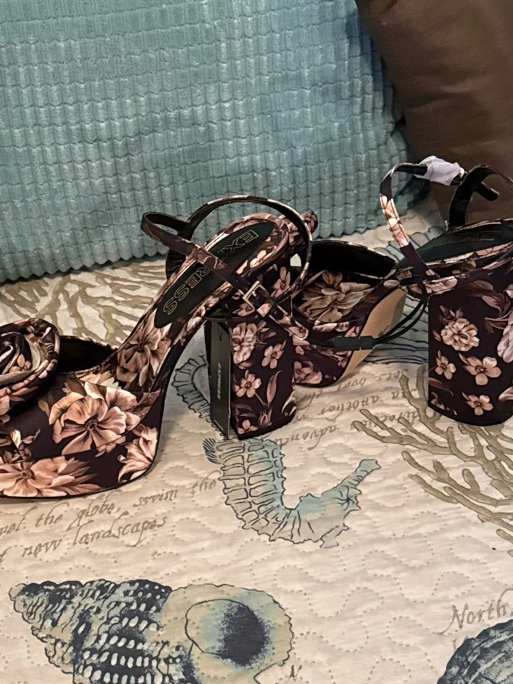 Express Floral Platform Sandals in Brown and Cream